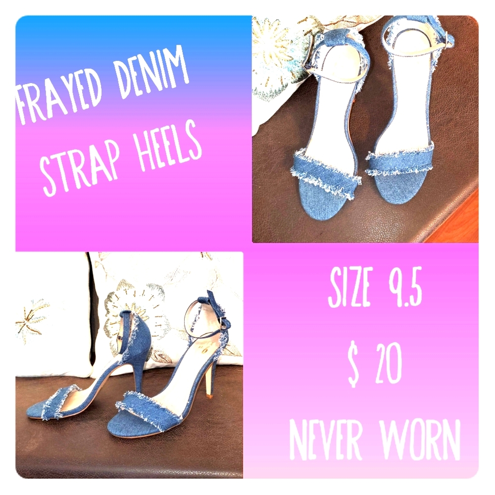 Strappy Frayed Denim Heels